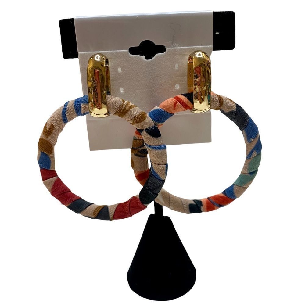 Retro looking Fabric Covered Hoop Earrings with Gold Hardware.